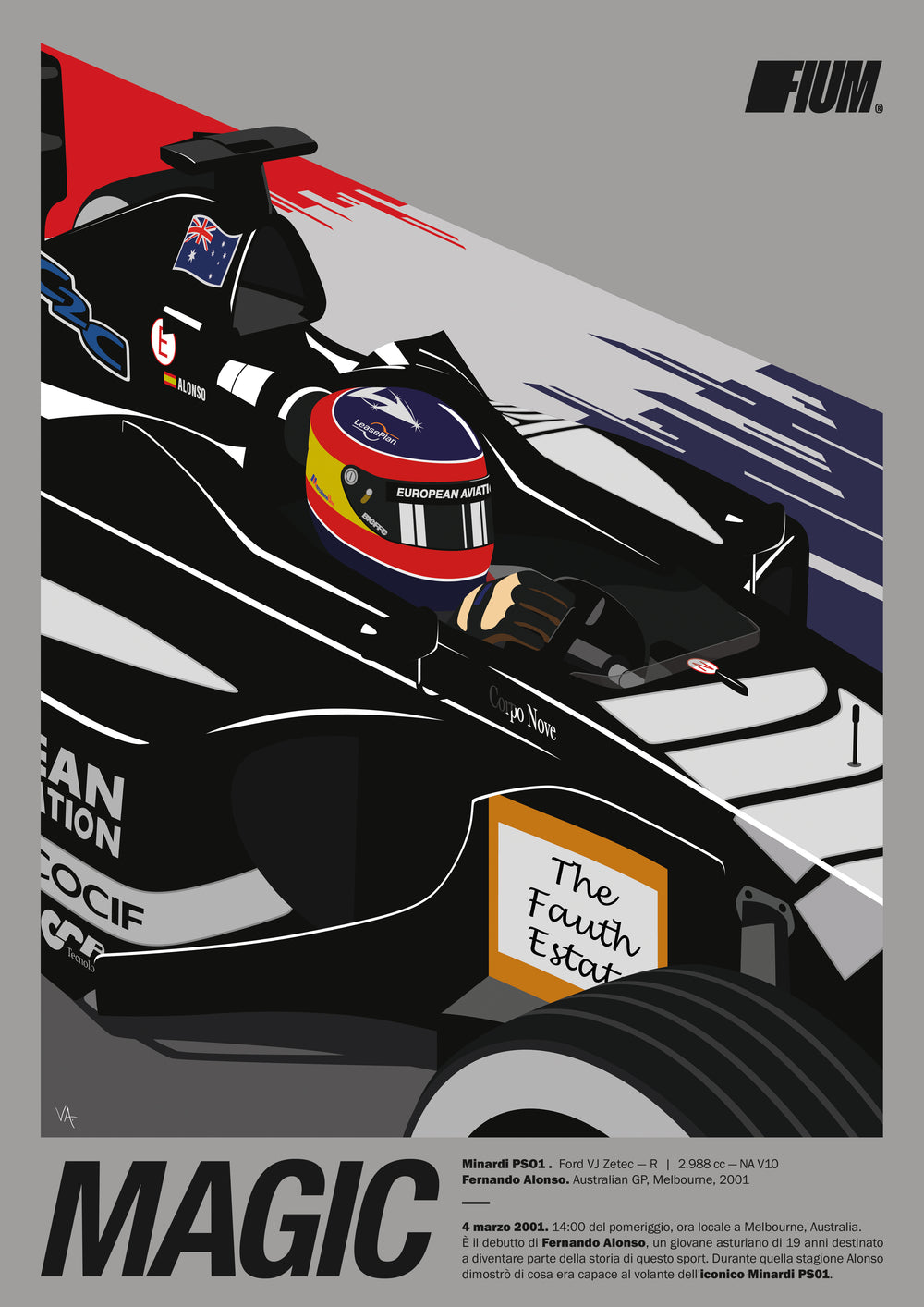 lámina de nacho quintero con fernando alonso al volante del minardi ps01 en el gran premio de australia de 2001