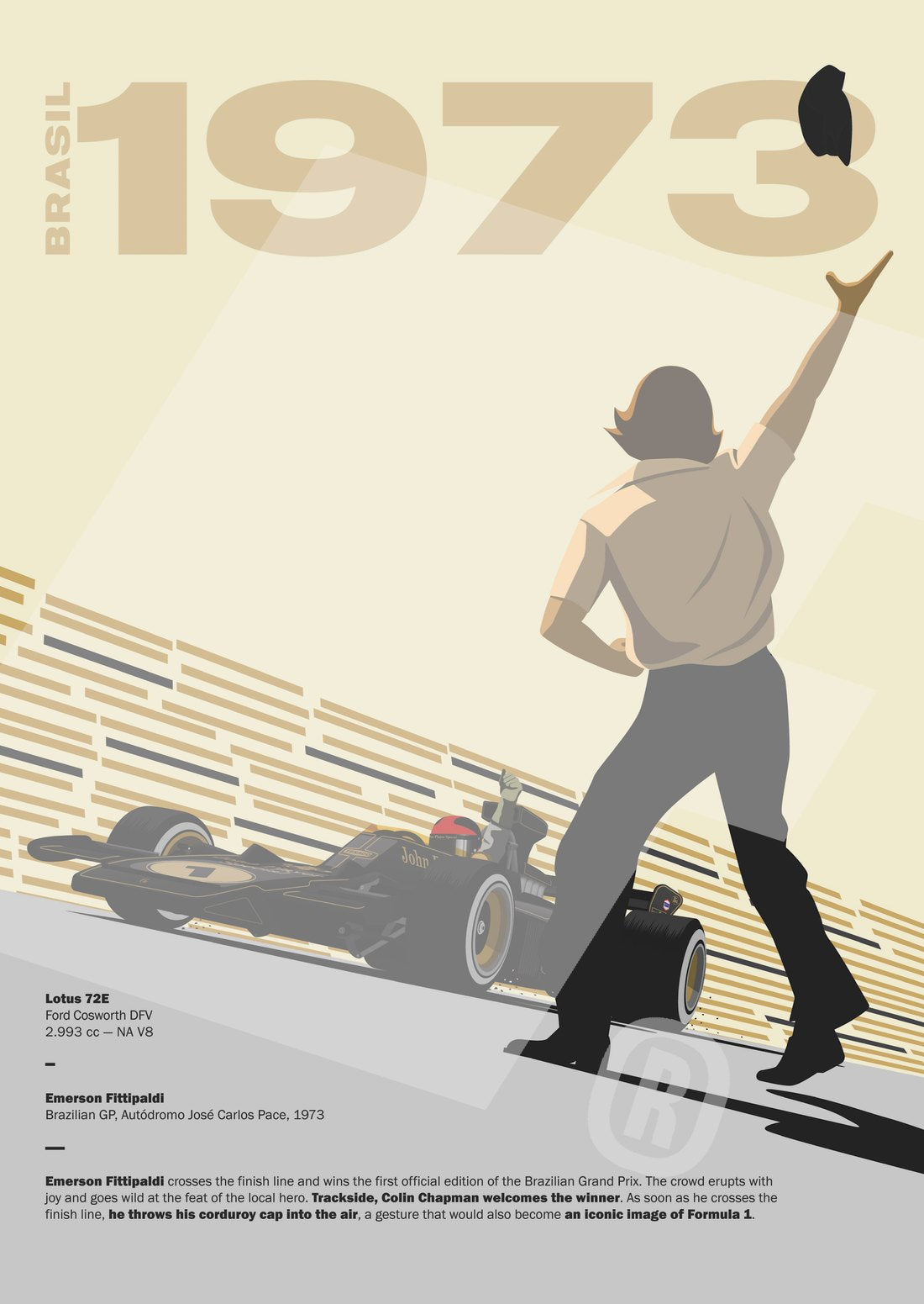 lámina de nacho quintero con colin chapman lanzando su gorra en el gran premio de brasil de 1973
