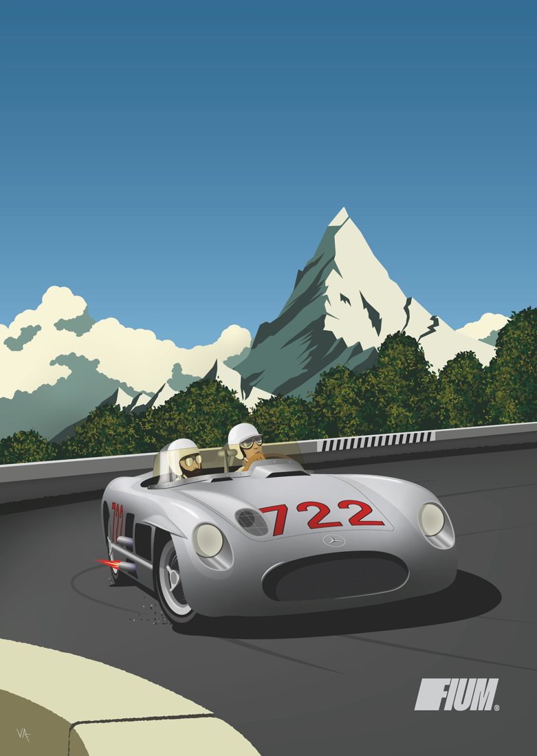 lámina de nacho quintero con el mercedes 300 slr número 722 en la montaña