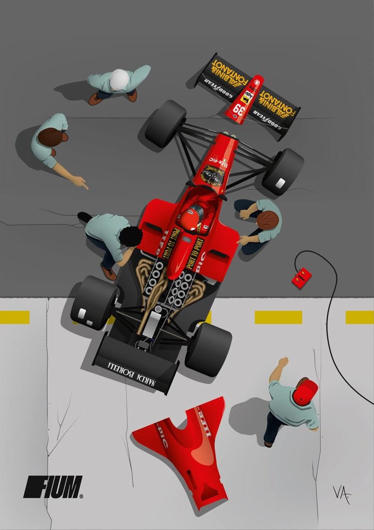 lámina 1: el life l190 en el pit lane visto desde arriba, rodeado de mecánicos, con el capó en el suelo